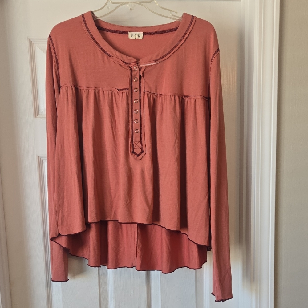 POL Dusty Coral Long-Sleeve Henley Top